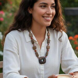 Boho Earthy Bead Necklace Brown Wood Square Pendant Long Statement Jewelry